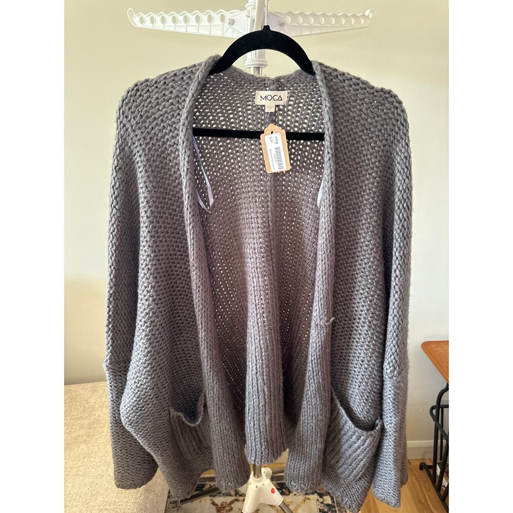 Moca Long Sleeve Sweater Cardigan Open Front Waffle Knitted Loose Side Gray